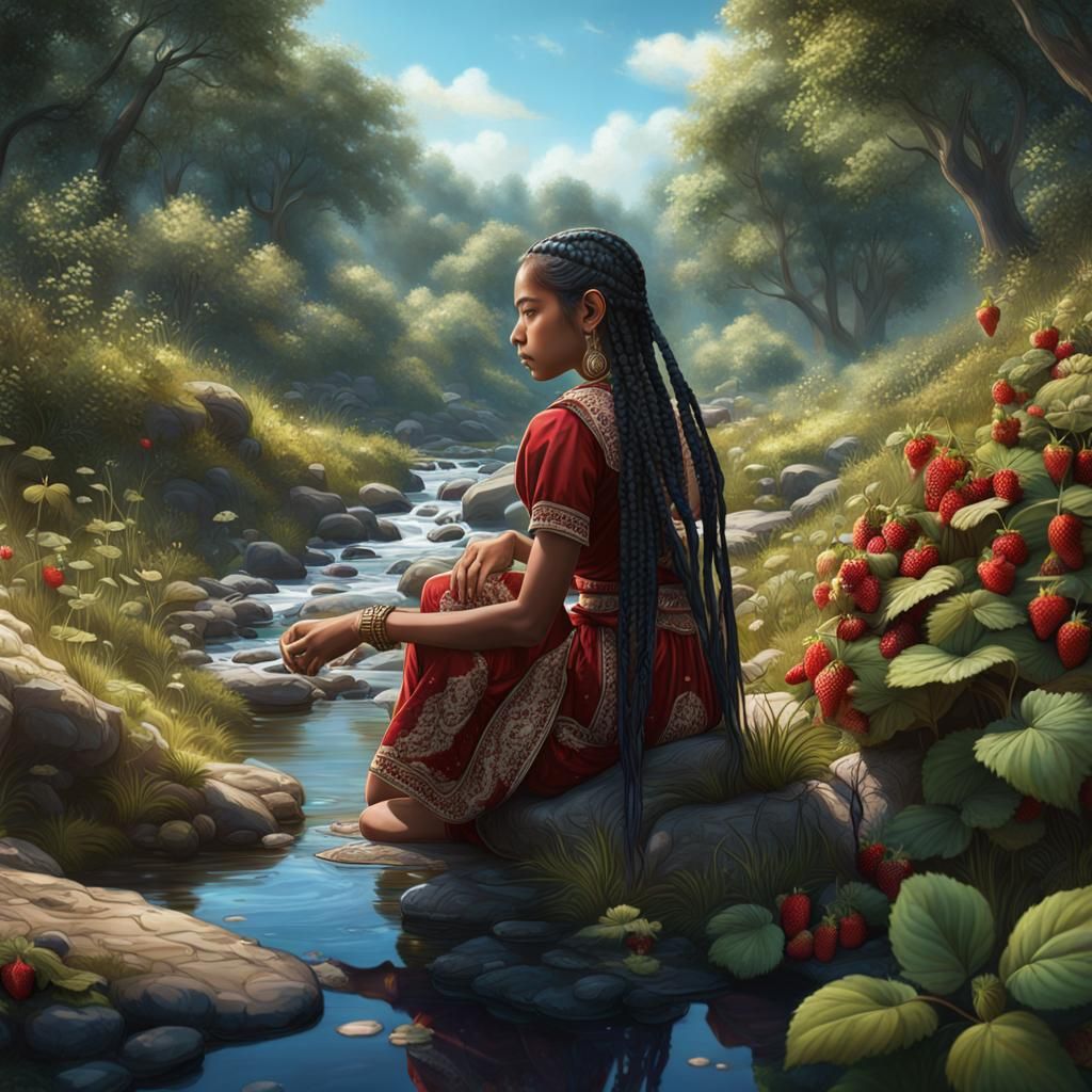 Indian Girl Picking Strawberries: Fantasy Concept Art