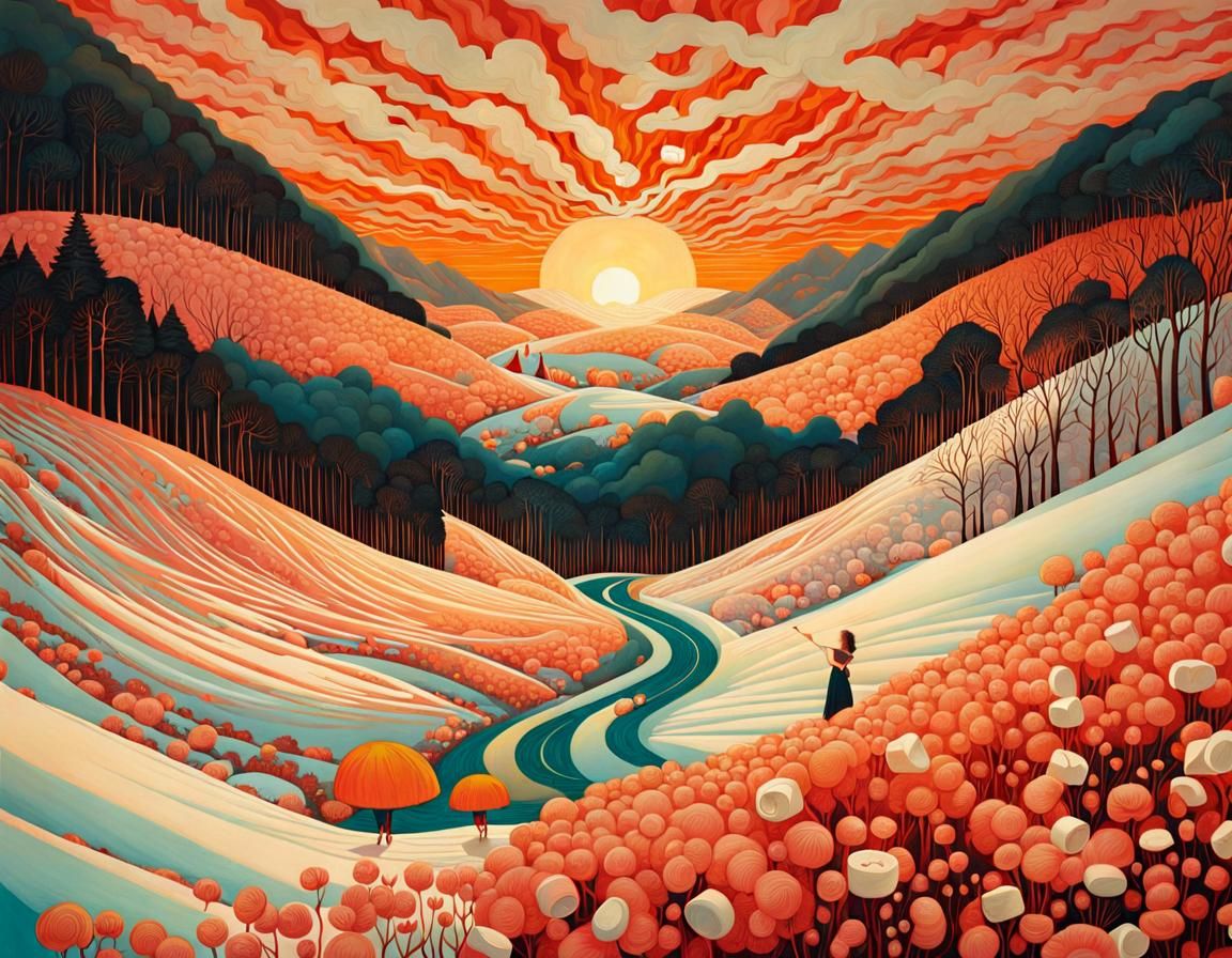 Surreal Sunset Over Marshmallow Landscape
