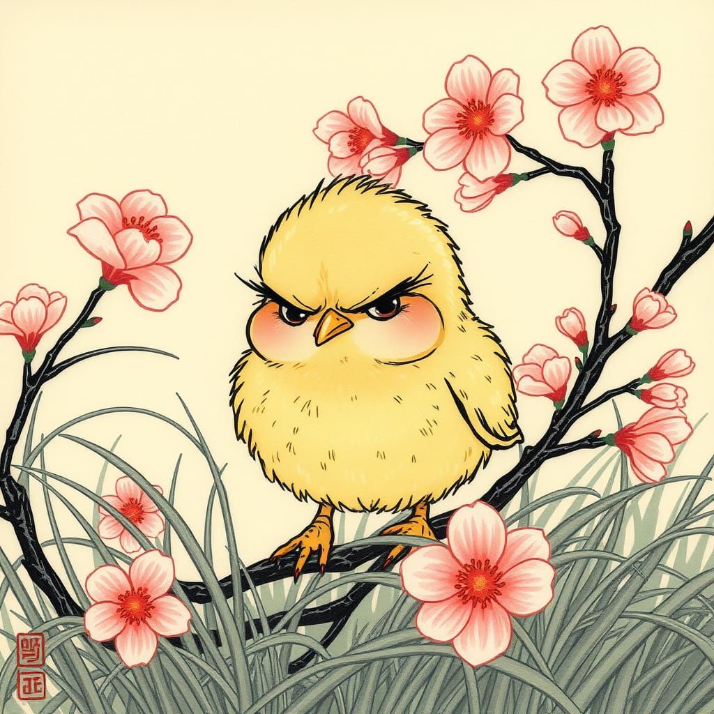 Grumpy Chick in Ukiyo-e Style with Cherry Blossoms