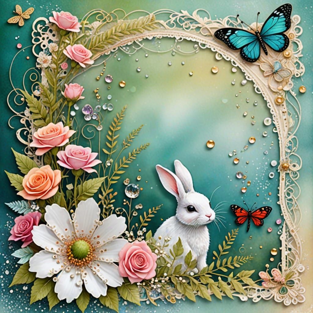 Whimsical Watercolor Scrapbook Page with Bunny and Floral Ac...