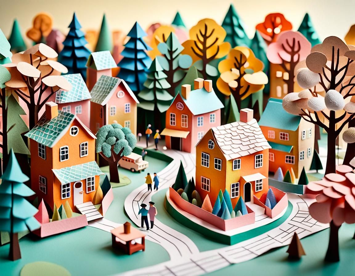 Whimsical Miniature Paper City in Papercraft Art Style