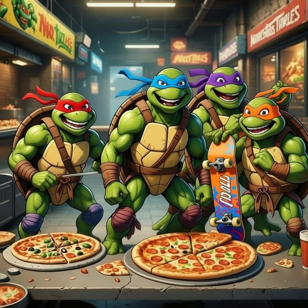 Ninja Turtles Gather for Pizza with Retro Gaming Elements