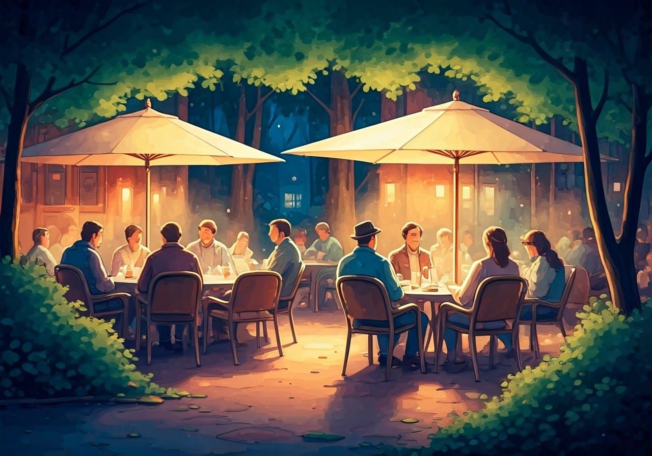 Elegant Evening Café Scene in Watercolor Style