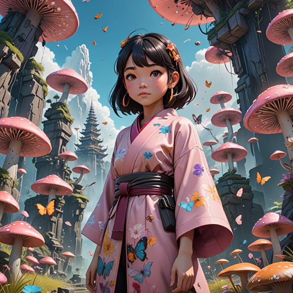 Mischievous Girl in Whimsical Landscape with Iridescent Butt...