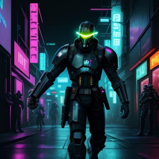 Cyberpunk Cyborg Jedi Battles Drone Enforcers in Neon Noir A...
