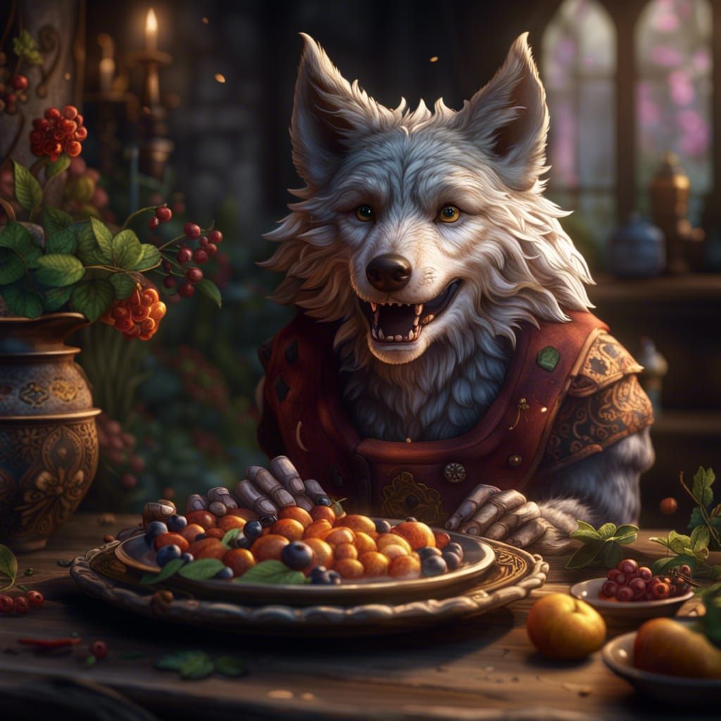 Sweet Wolf Grandmother Offers Plated Dish: Fantasy Art