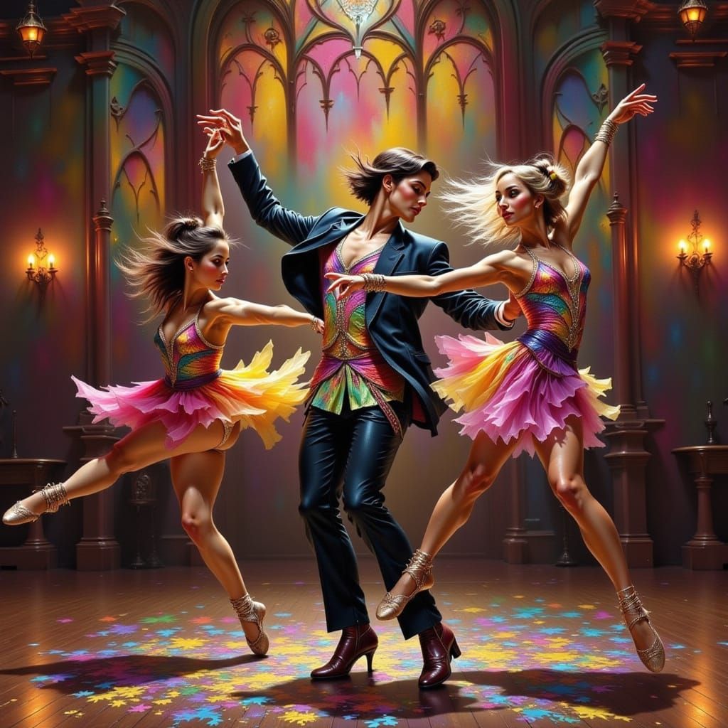Energetic Dance Scene Captured in Fluid Splatter Style
