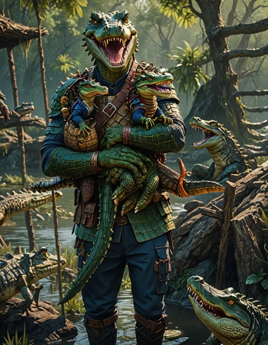 Crocodile Warrior with Baby Crocodiles by Lake