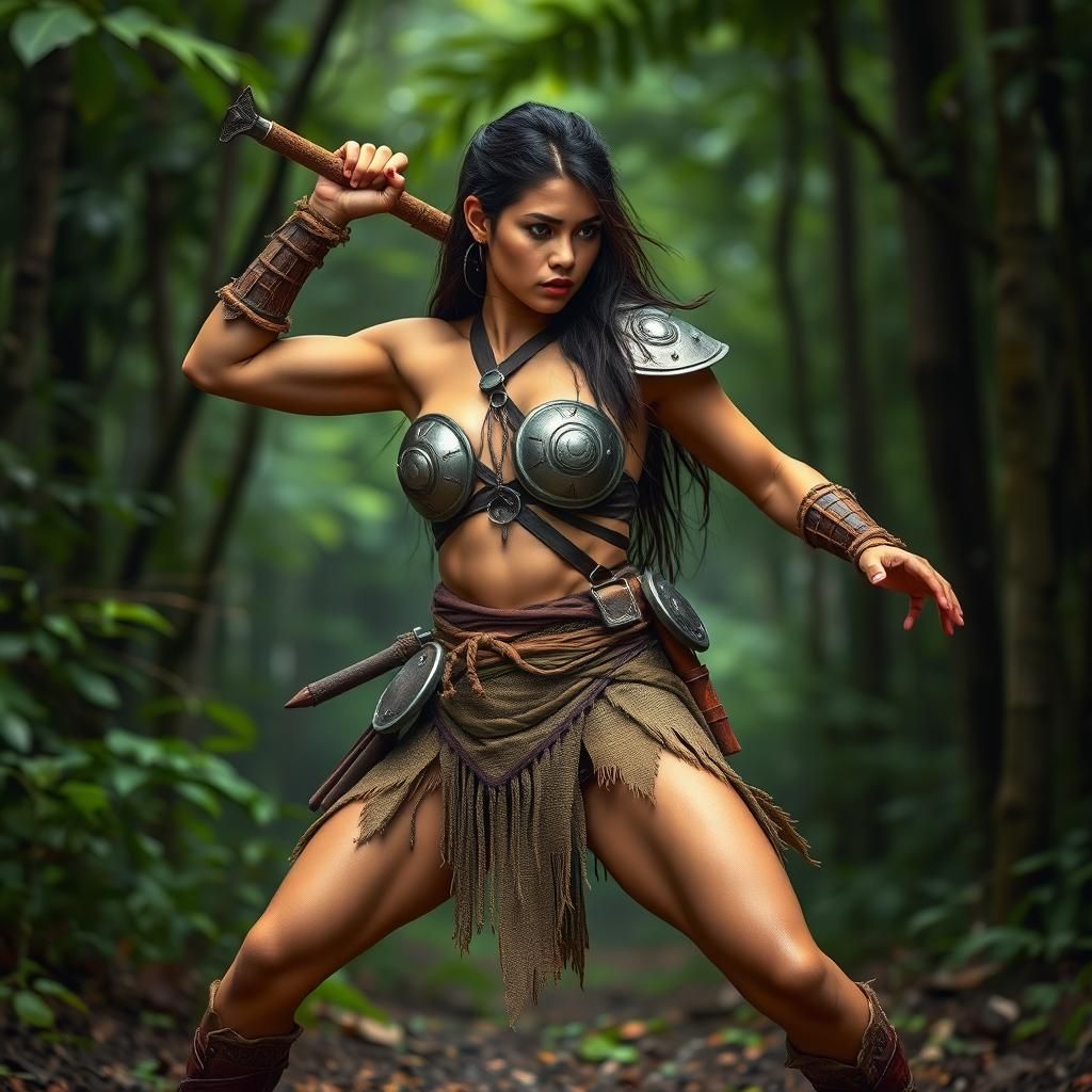 Amazon Warrior in Forest Fight Pose