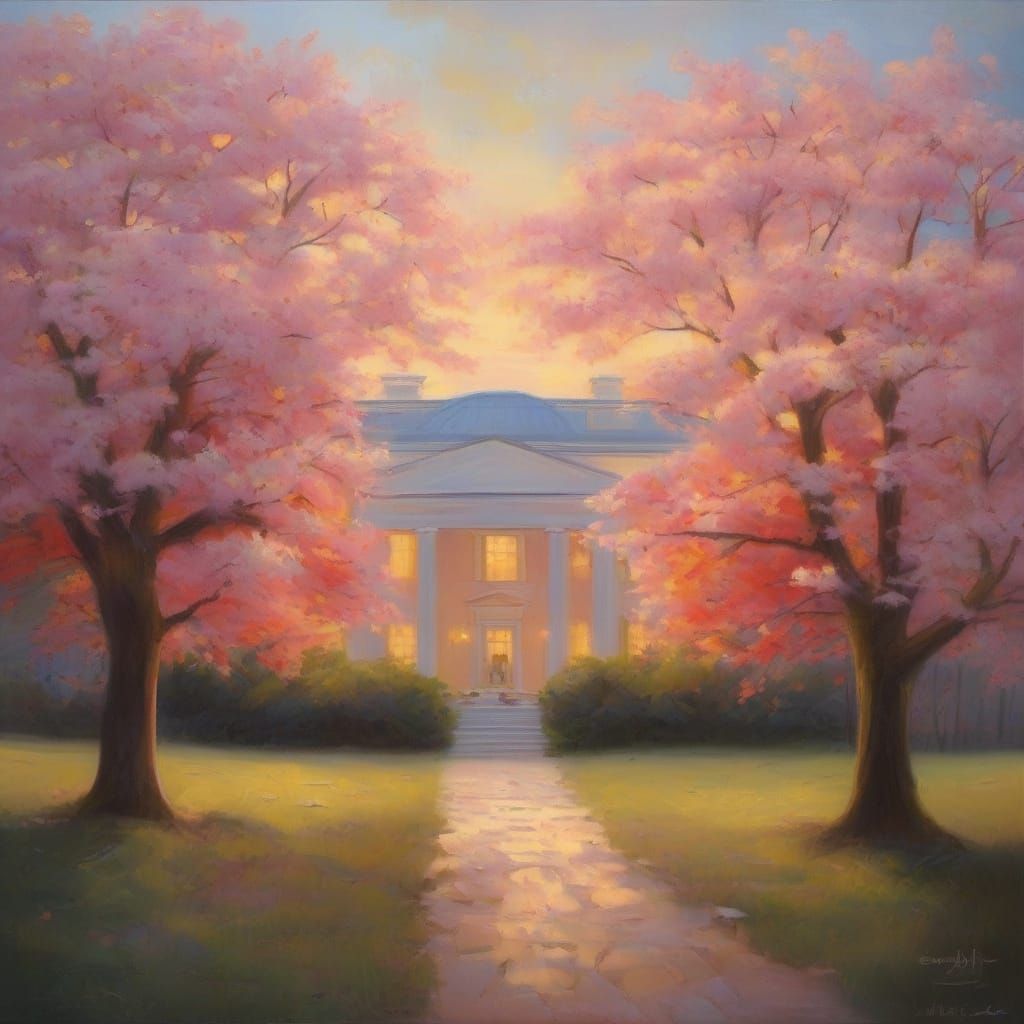 Impressionistic White House with Cherry Blossoms