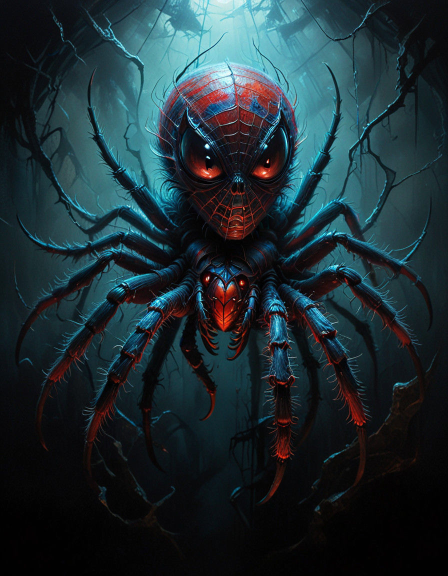Surrealistic Portrait of a Terrifying Giant Spider in a Web....