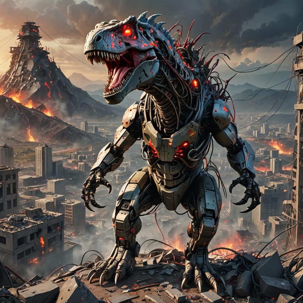Robotic T-Rex Roaring in a Destroyed City: Splash Art