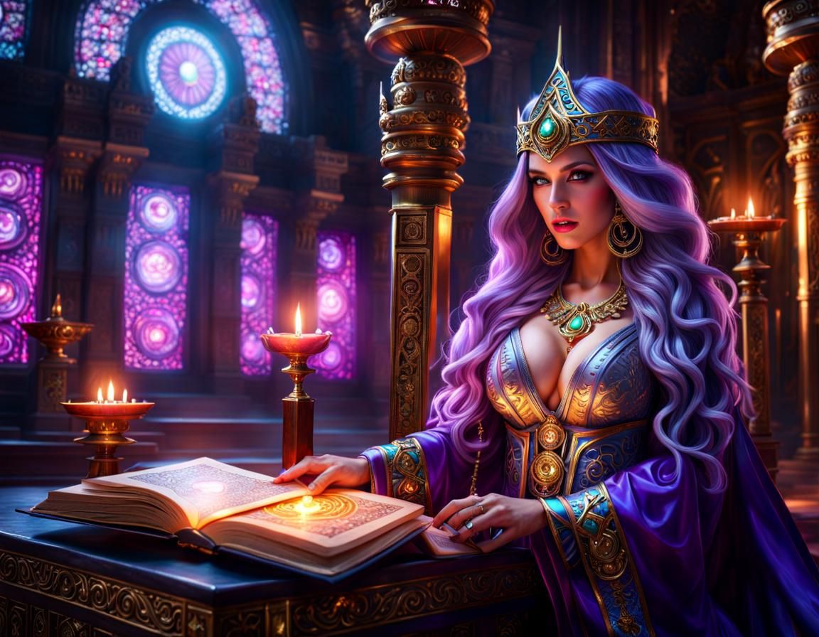Epic Temple Scene: Sorceress with Magical Tome