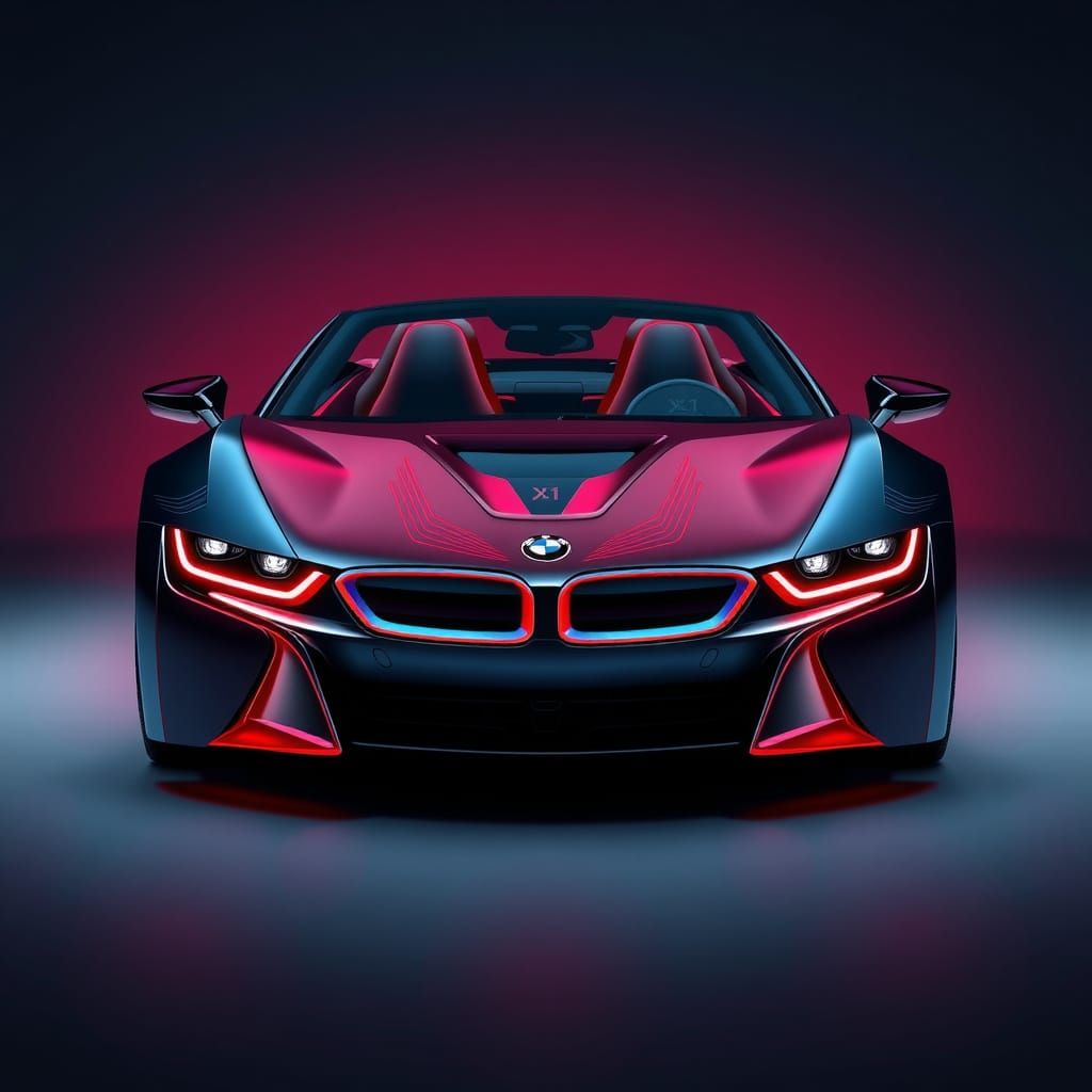 the front view of a stunning black and red bmw i8 roadster w...