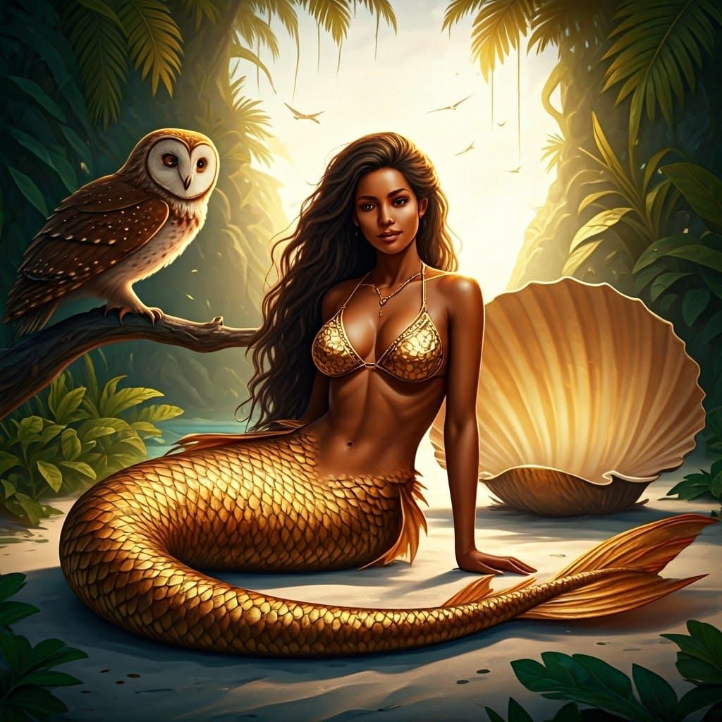 Majestic Siren with Chestnut Hair and Golden Scales Basks in...