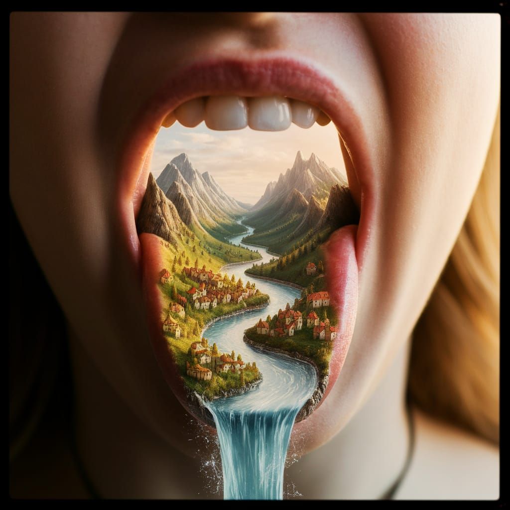 Surreal Miniature Landscape Inside a Woman's Mouth