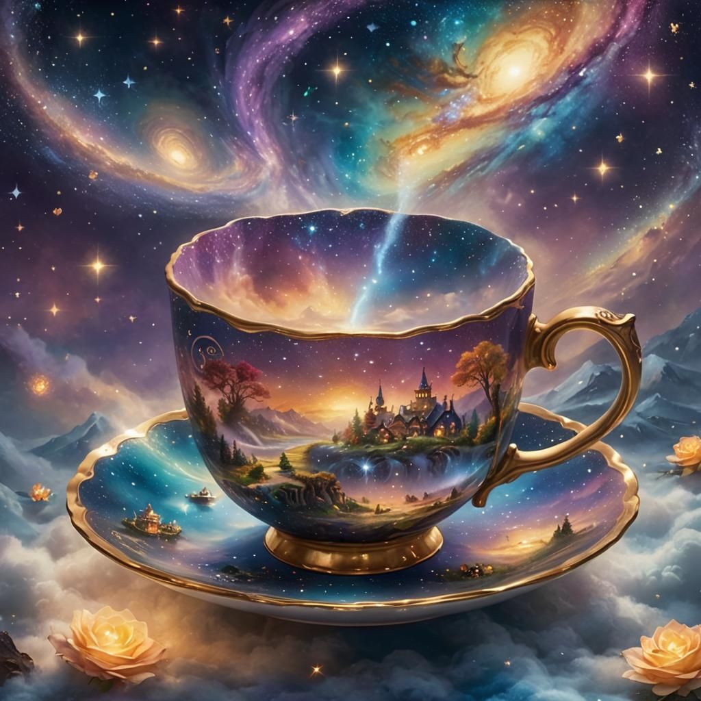 Teacup Galaxy Dreamscape in Kinkade Style
