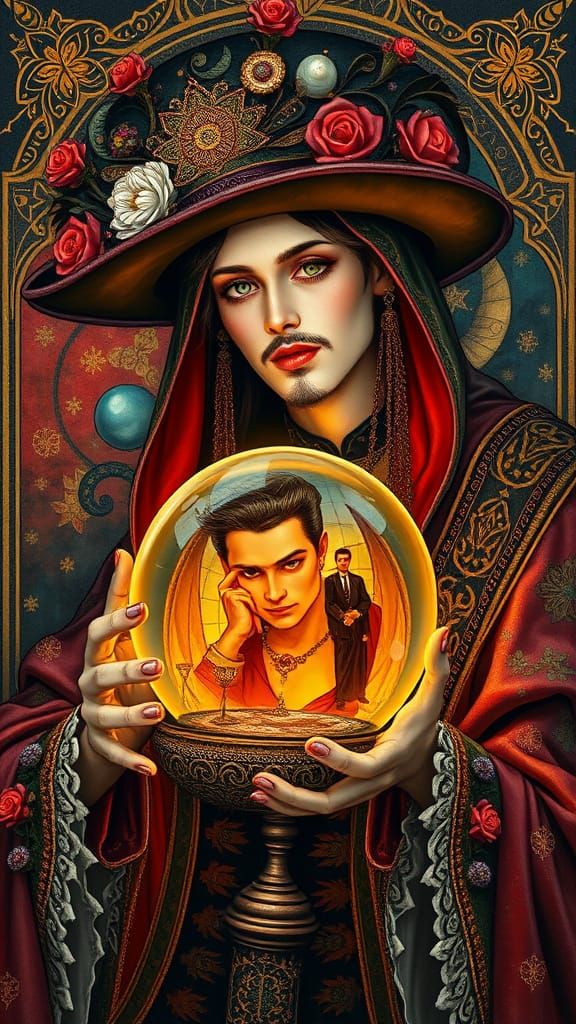 Gypsy Fortune Tellers Crystal Ball showing a Handsome Man in...