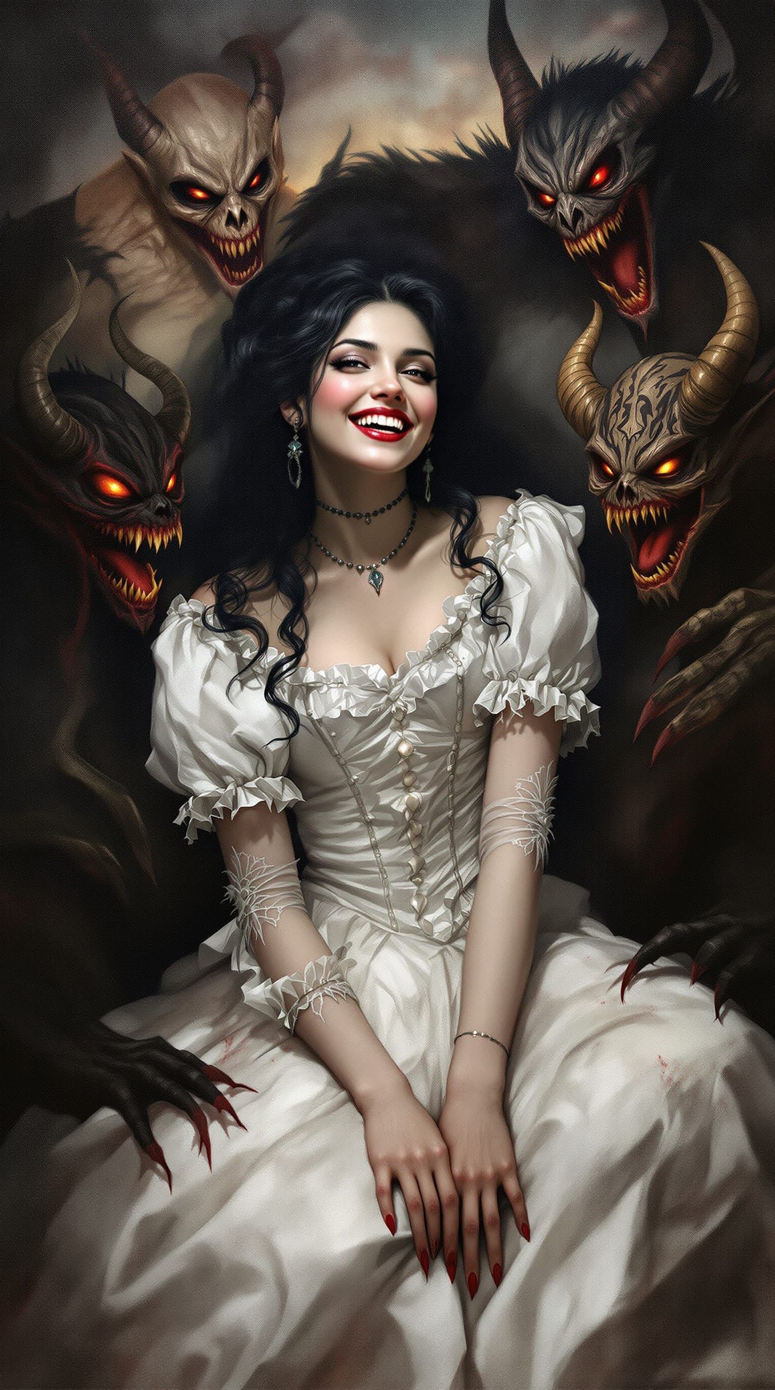 Victorian Girl Surrounded by Monsters in Oil Painting