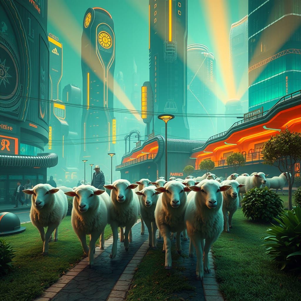 Vibrant Cityscape with Futuristic Flock of Sheep