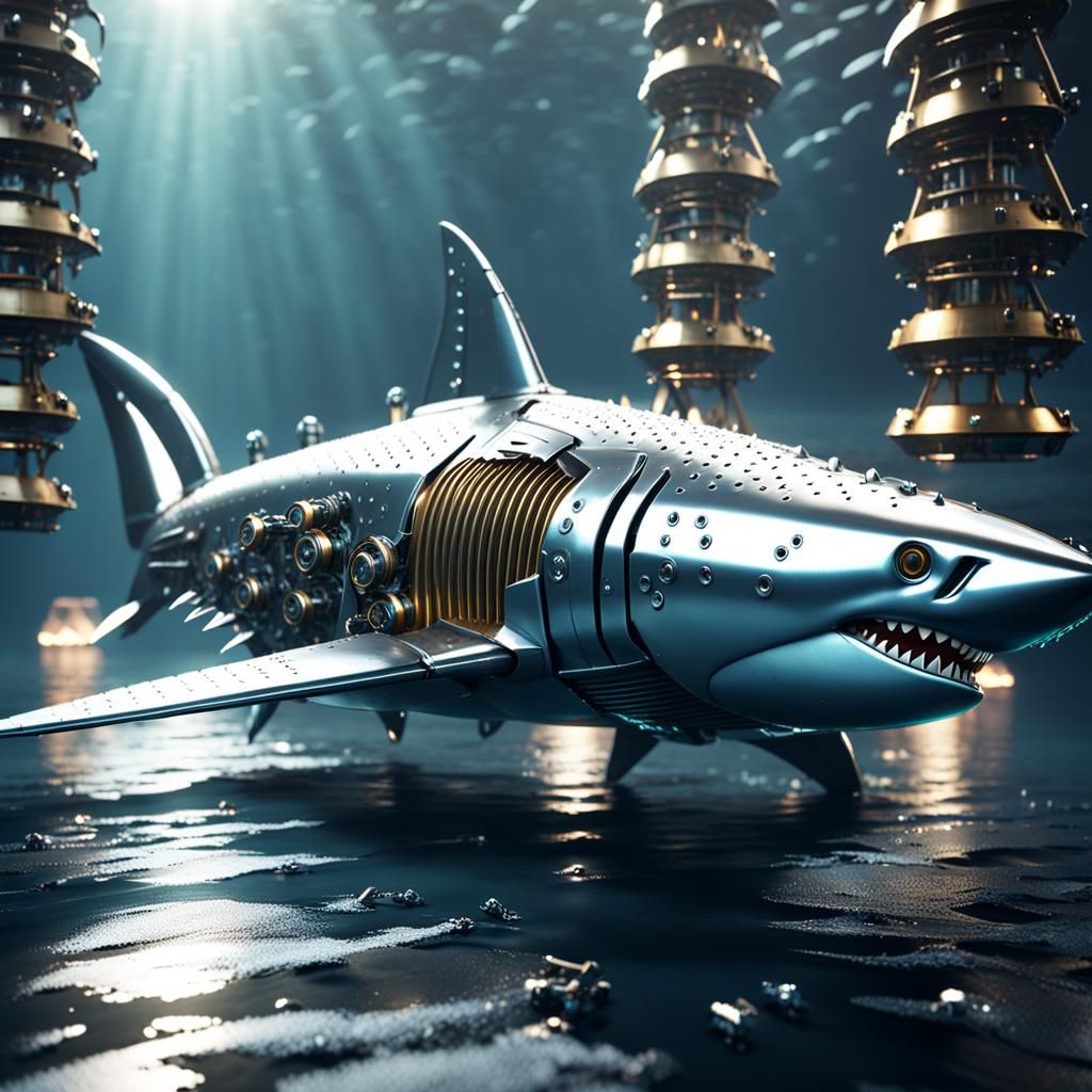 Mechanical Shark Robot Swimming in Ocean