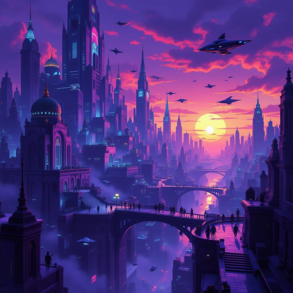Surreal Megacity with Art Deco Cyberpunk Architecture