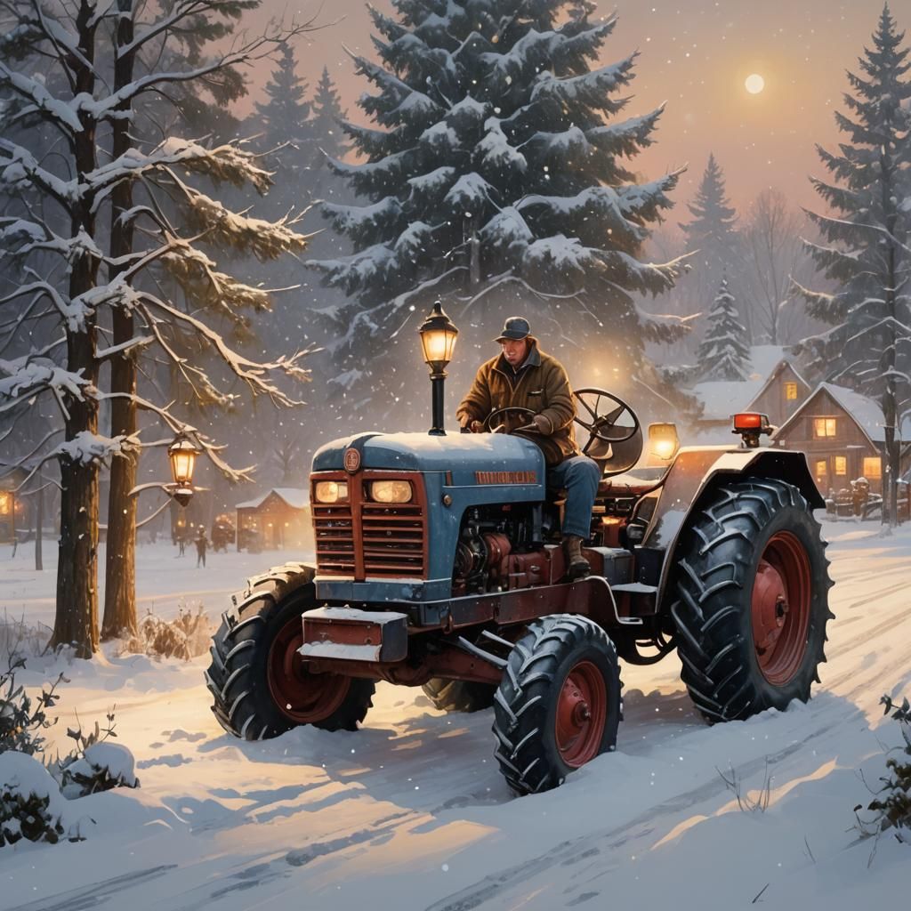 Farmer Repairs Tractor in Snowy Christmas Landscape