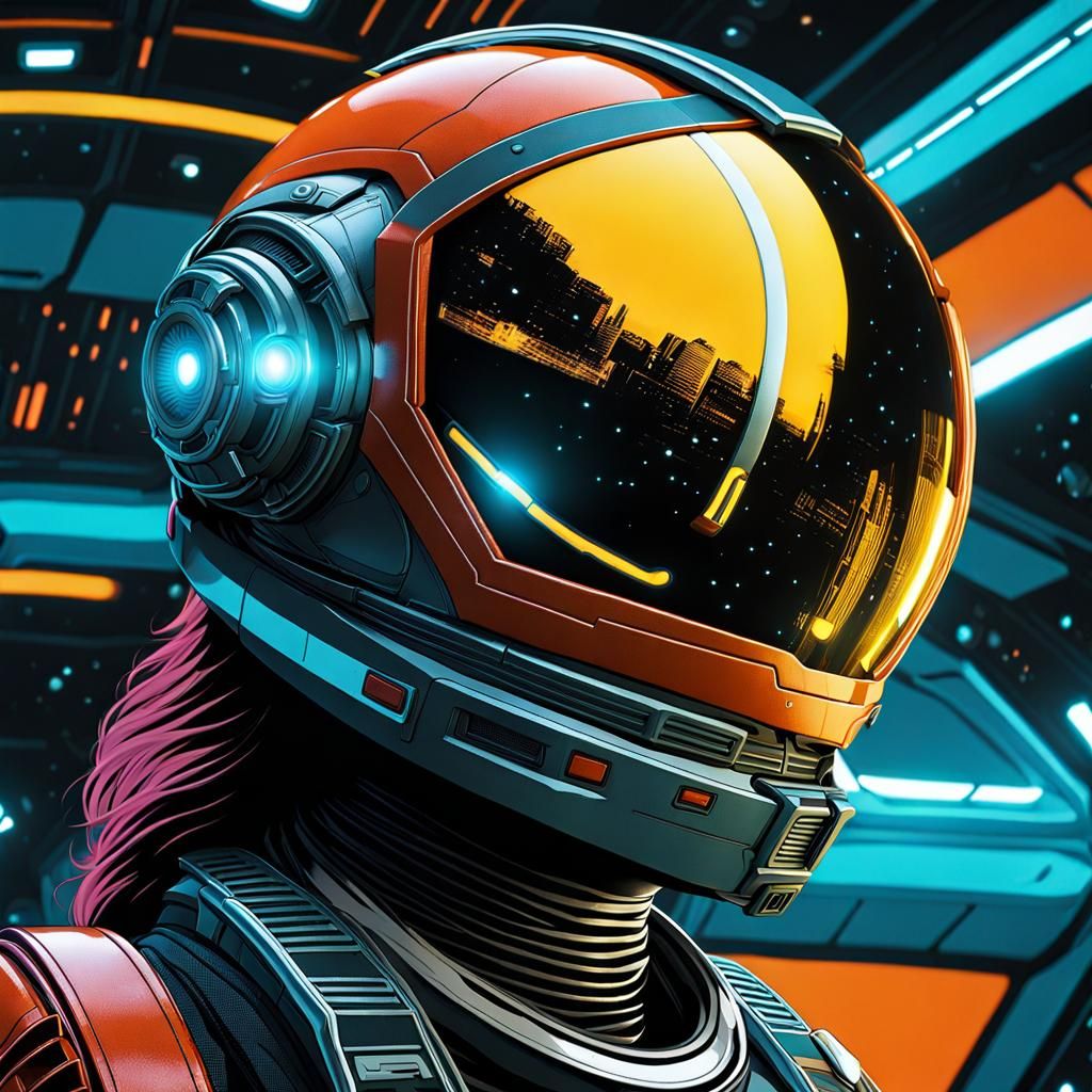 Cyberpunk Space Pilot in Neon Cityscape