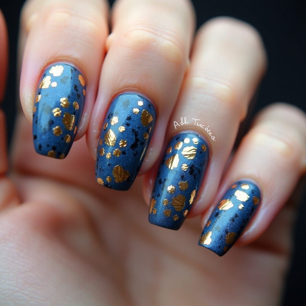 Abstract Leopard Print Nail Art in Blue and Gold