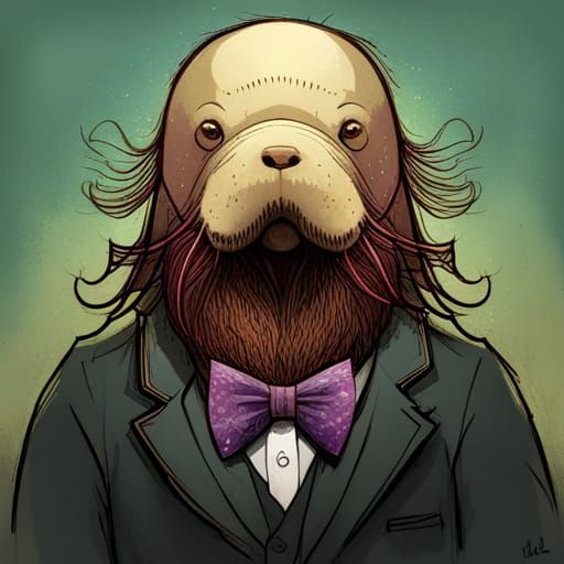 Wally the Walrus in a purple bowtie