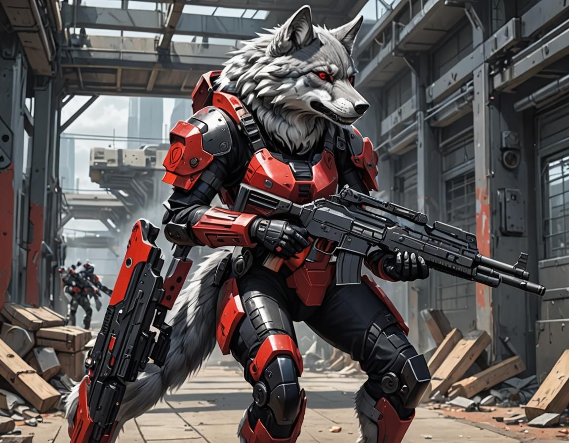 Anime Style Armored Wolf Soldier on Military Base