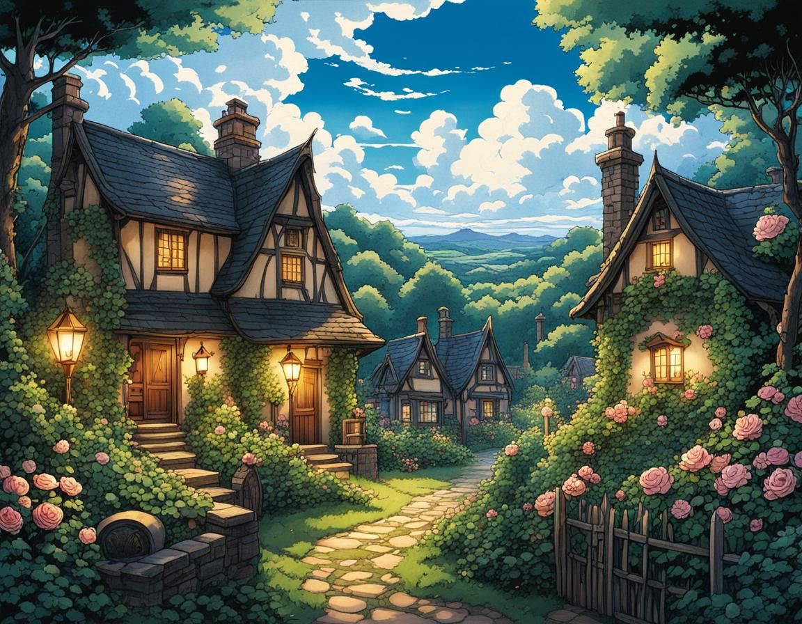 Charming Cottagecore Scene with Glowing Lanterns