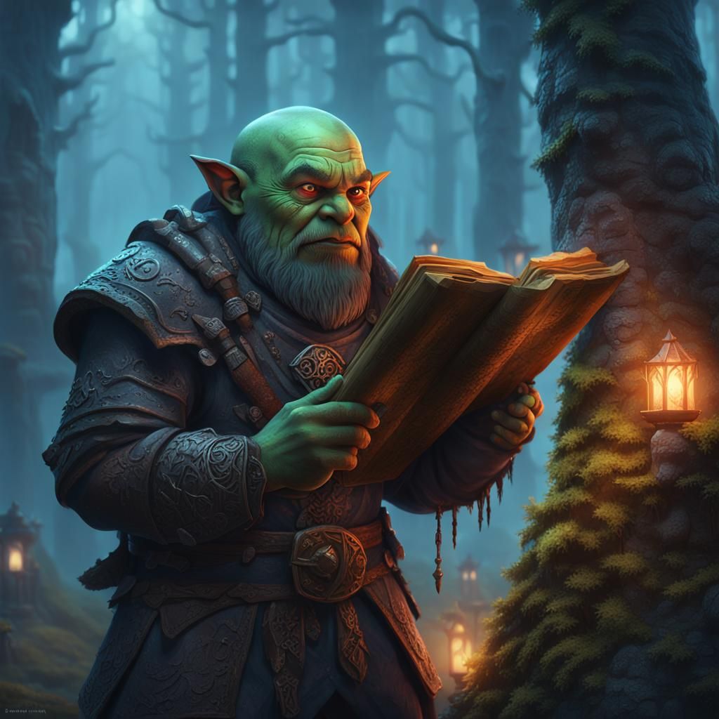 Dwarf Orc Messenger in Misty Forest, Gothic Art