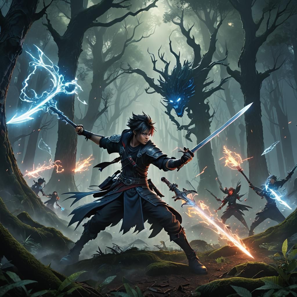 Mystic Duel: Keyblade Warriors Clash in Dark Forest
