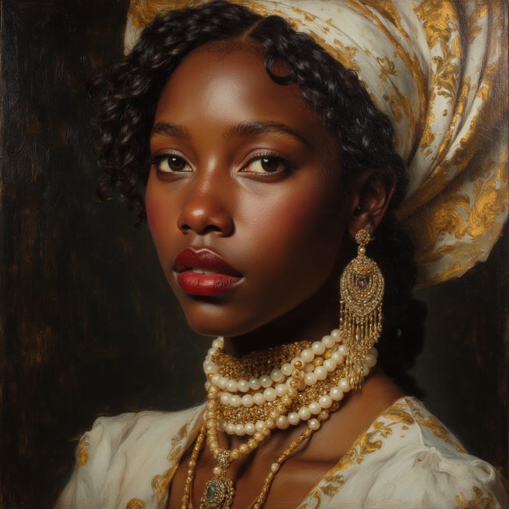 Elegant African Goddess Portrait in Luminous Oil Painting St...