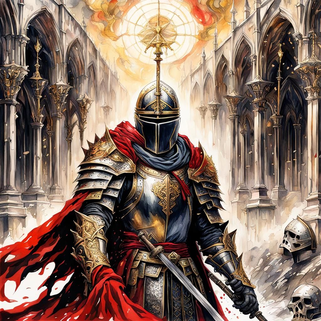 Glorious Knight in Crimson Cloak, Watercolor Style