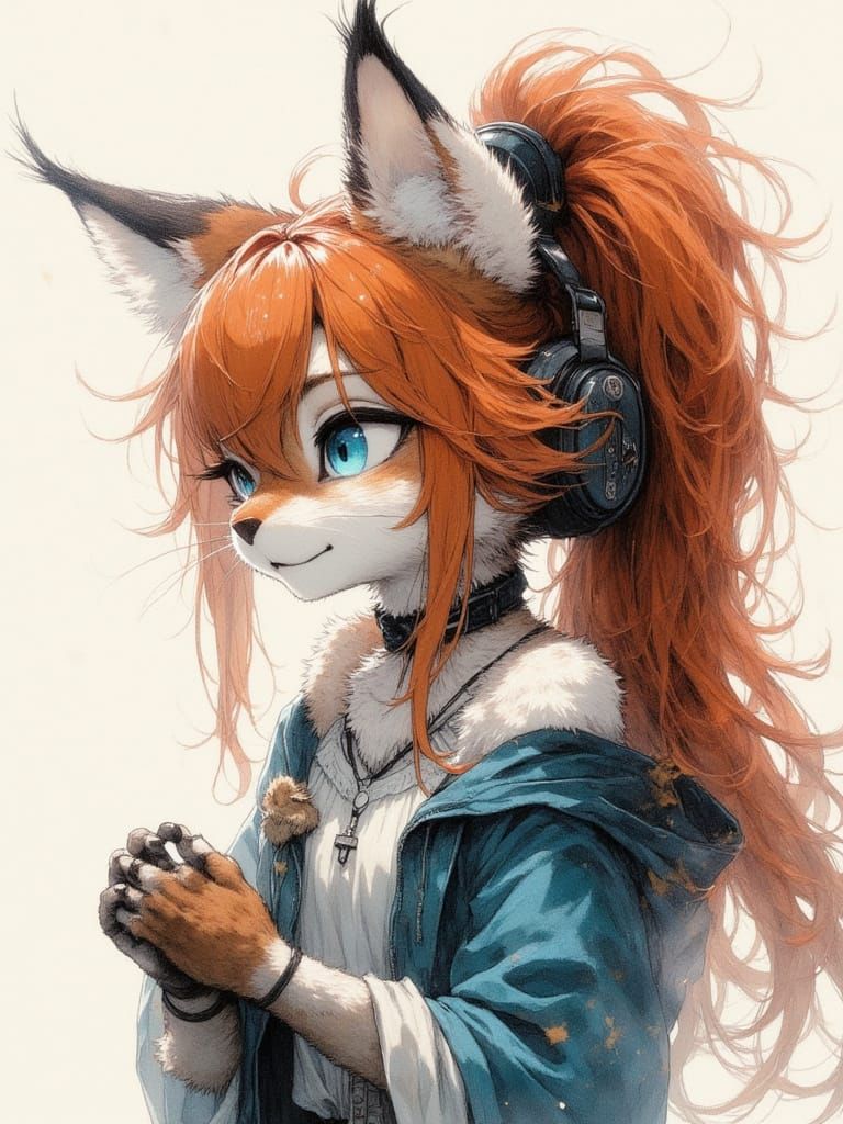 Anthropomorphic Cat with Red Ponytails in Watercolour Style