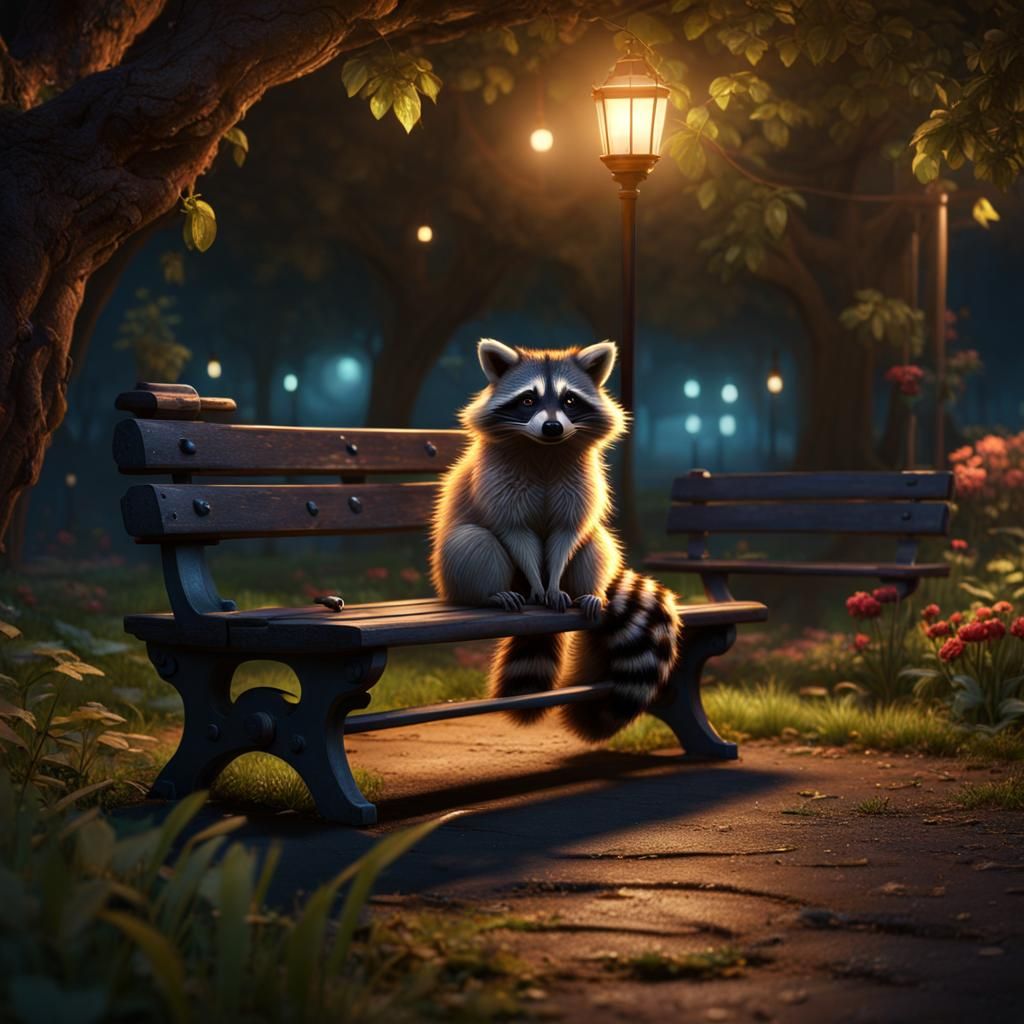 Raccoon on Park Bench at Night: Detailed Matte Painting