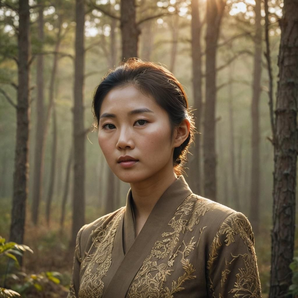 Serene North Korean Woman Portrait in Golden Hour