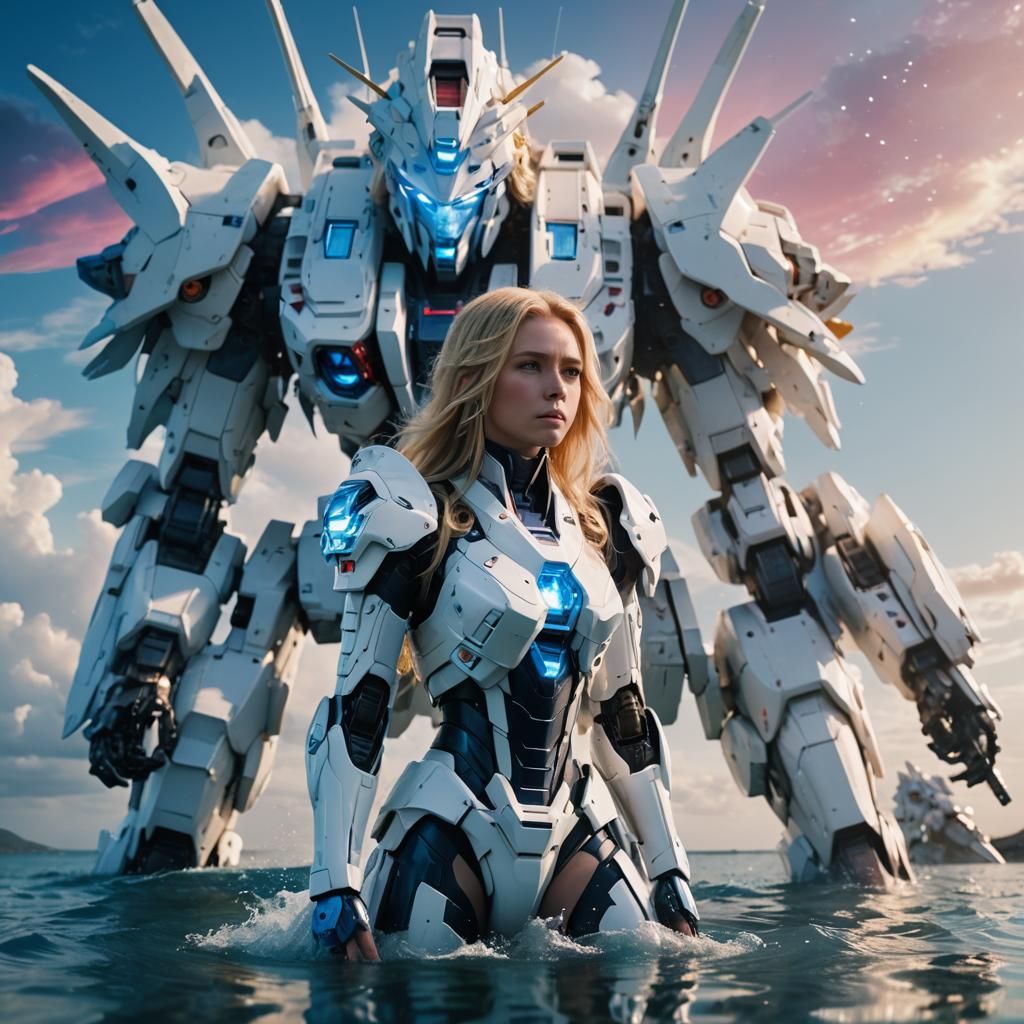 Woman and Gundam Mech in Cosmic Setting