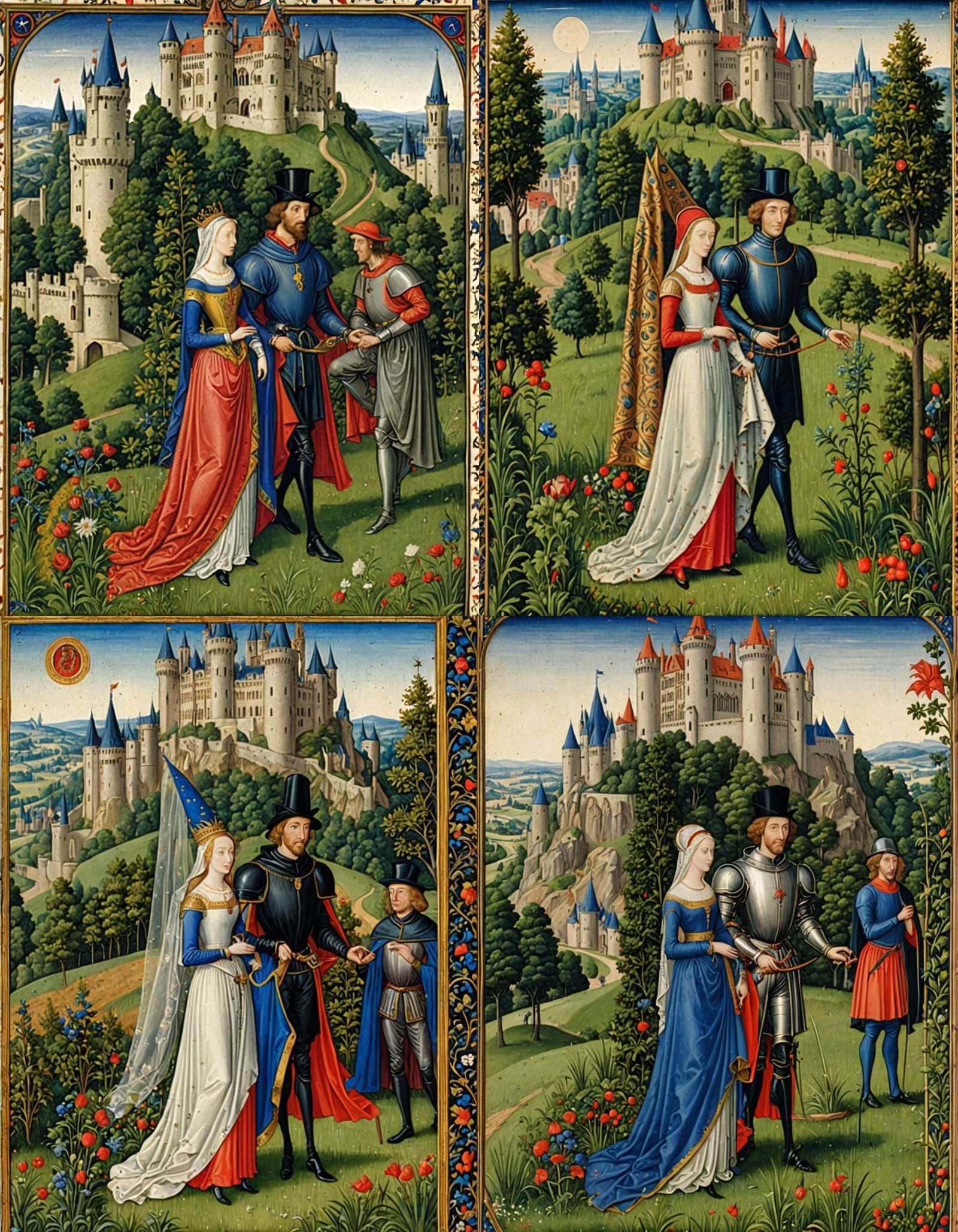 Medieval Gothic Noblemen Strolling in Garden Illustration