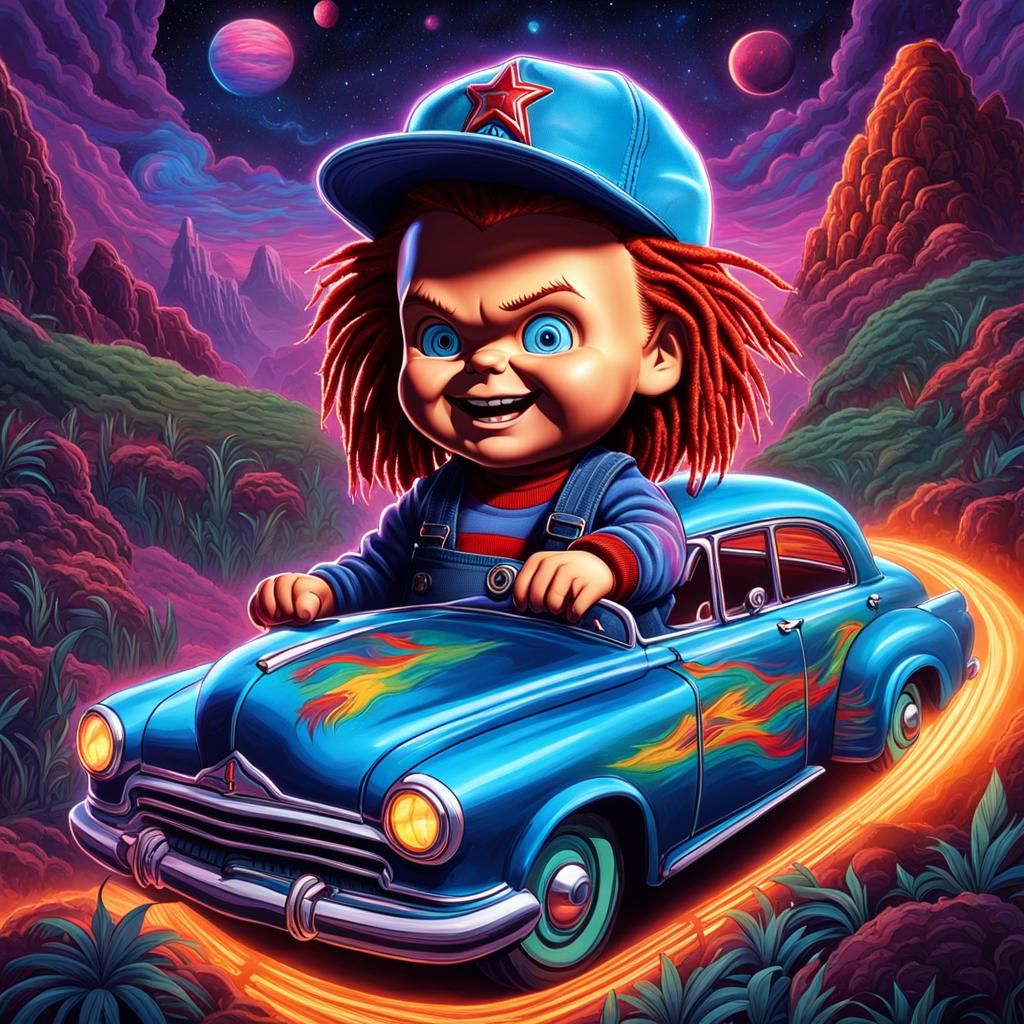 Chucky with Dreadlocks in Old School Car