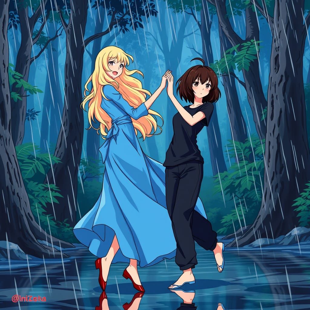 Two Women Dancing in Rainy Forest, Anime Style