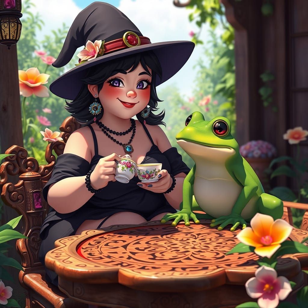 Whimsical Witch Sips Tea with Green Frog in Fantastical Gard...