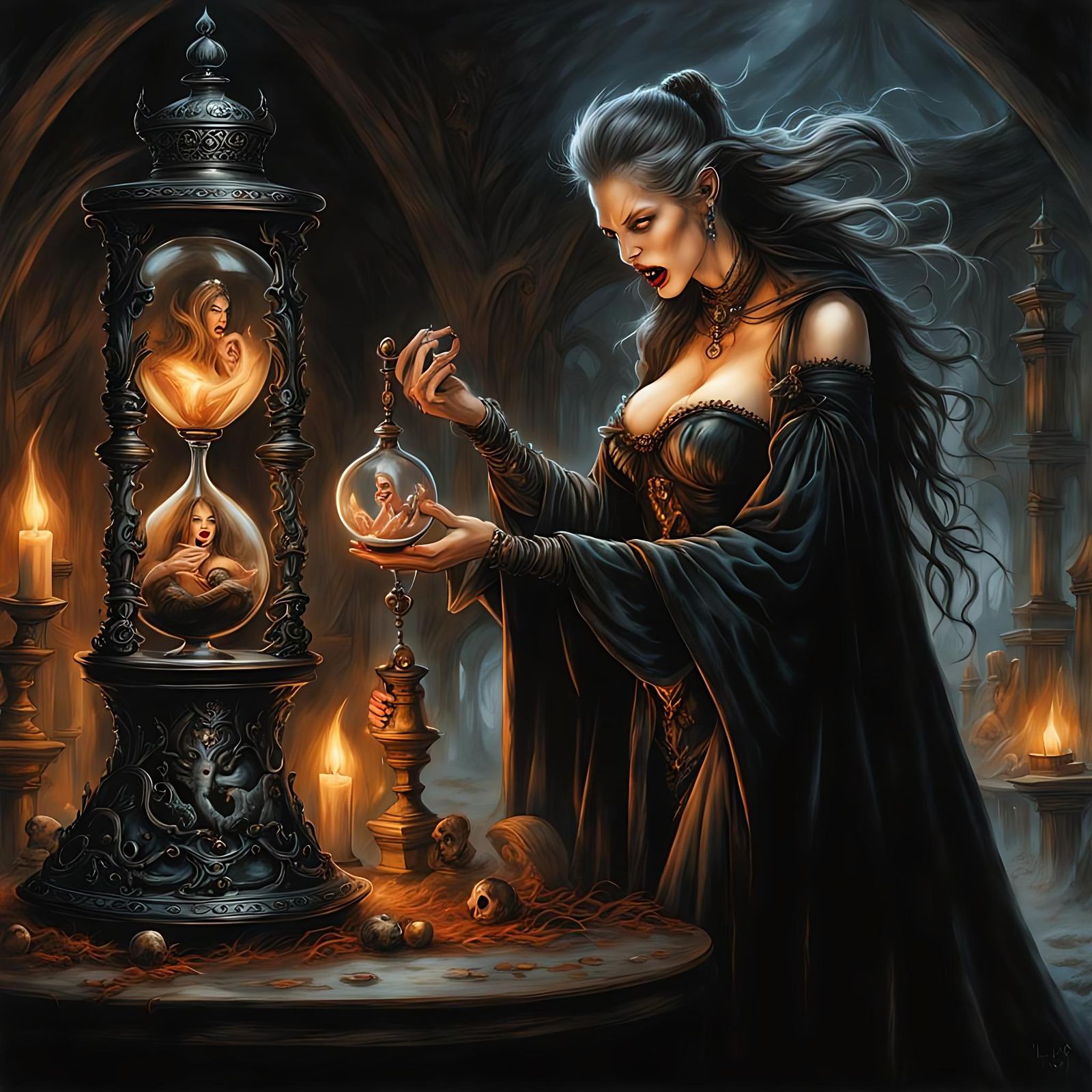 Terrified Witch Summons Laughing Demon in Dark Fantasy