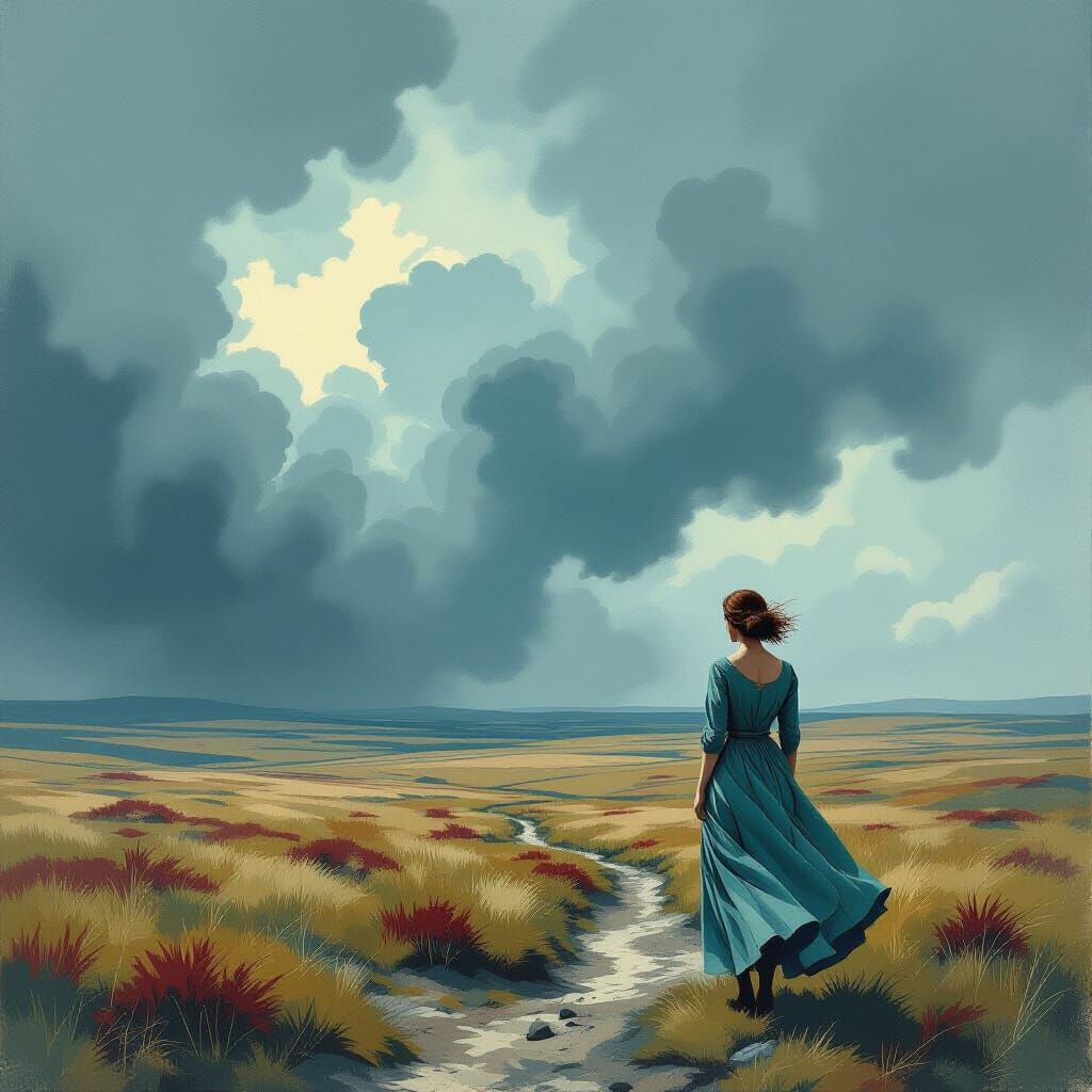 Woman on Windswept Moor Gazing at Stormy Sky in Vintage Styl...