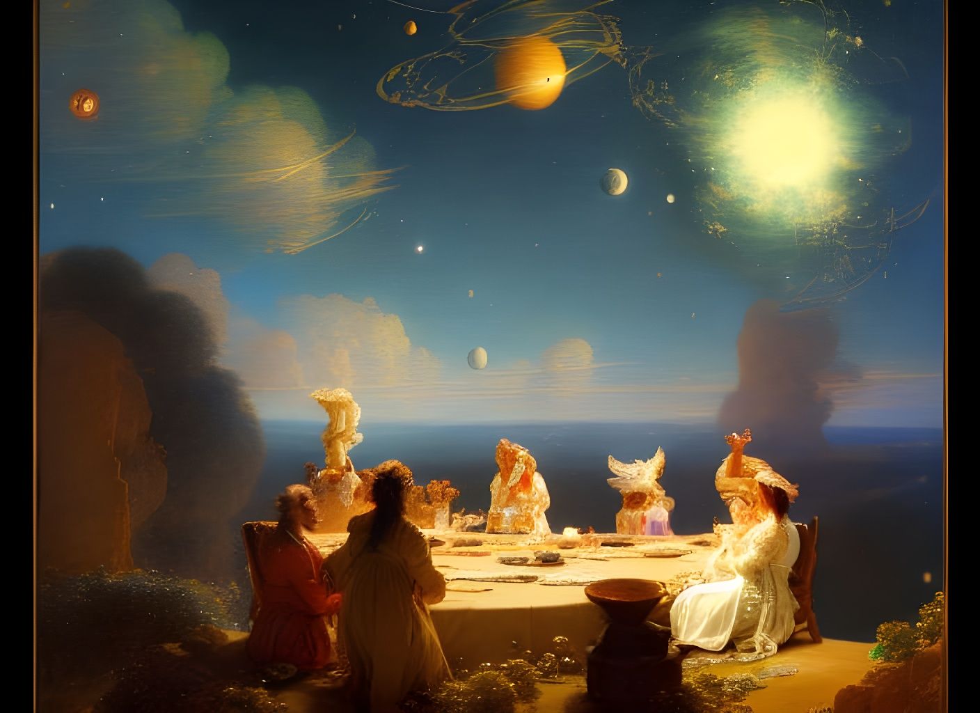 Astronomers Observe Planets, Surreal Digital Illustration