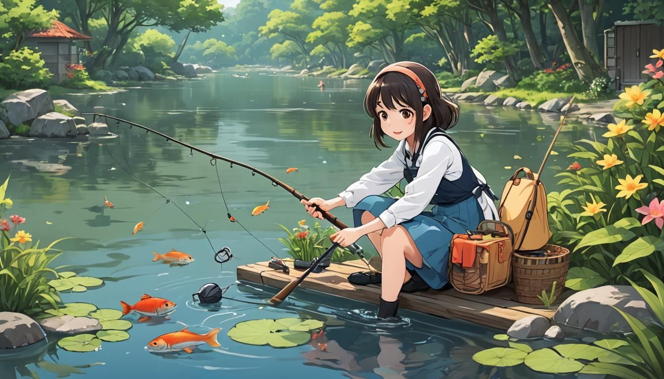 Cute Housewife Cartoon Enjoying Fishing in Anime Style