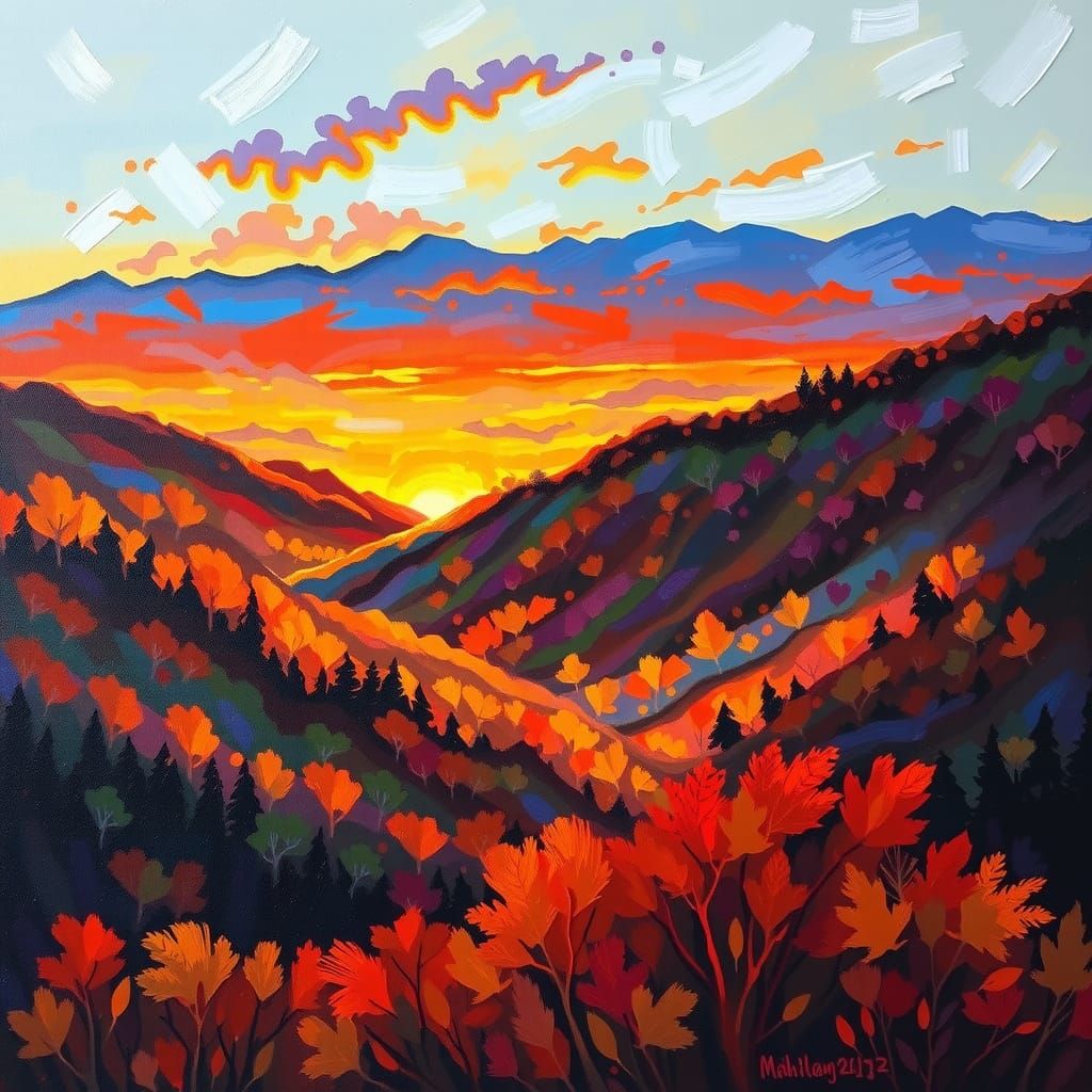 Smoky Mountains Sunset in Expressionist Impasto Style