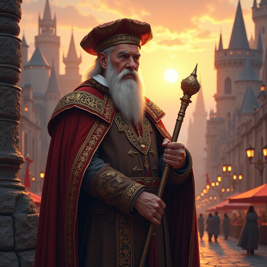 Medieval Mayor in Lush Cityscape Concept Art